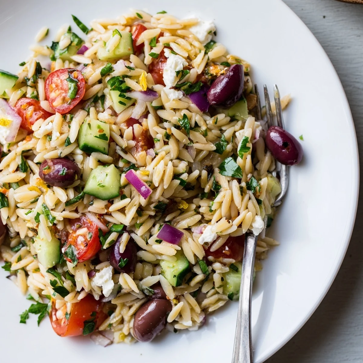 Colorful Mediterranean Orzo Pasta Salad loaded with feta, olives, and sun-ripened tomatoes in a ceramic bowl