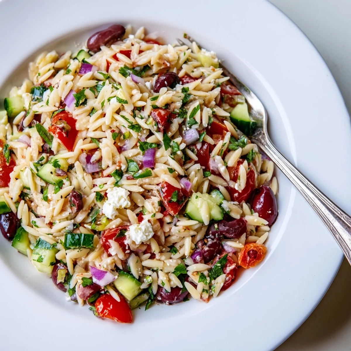 Close-up of Mediterranean Orzo Pasta Salad glistening with zesty lemon-herb vinaigrette and crumbled feta