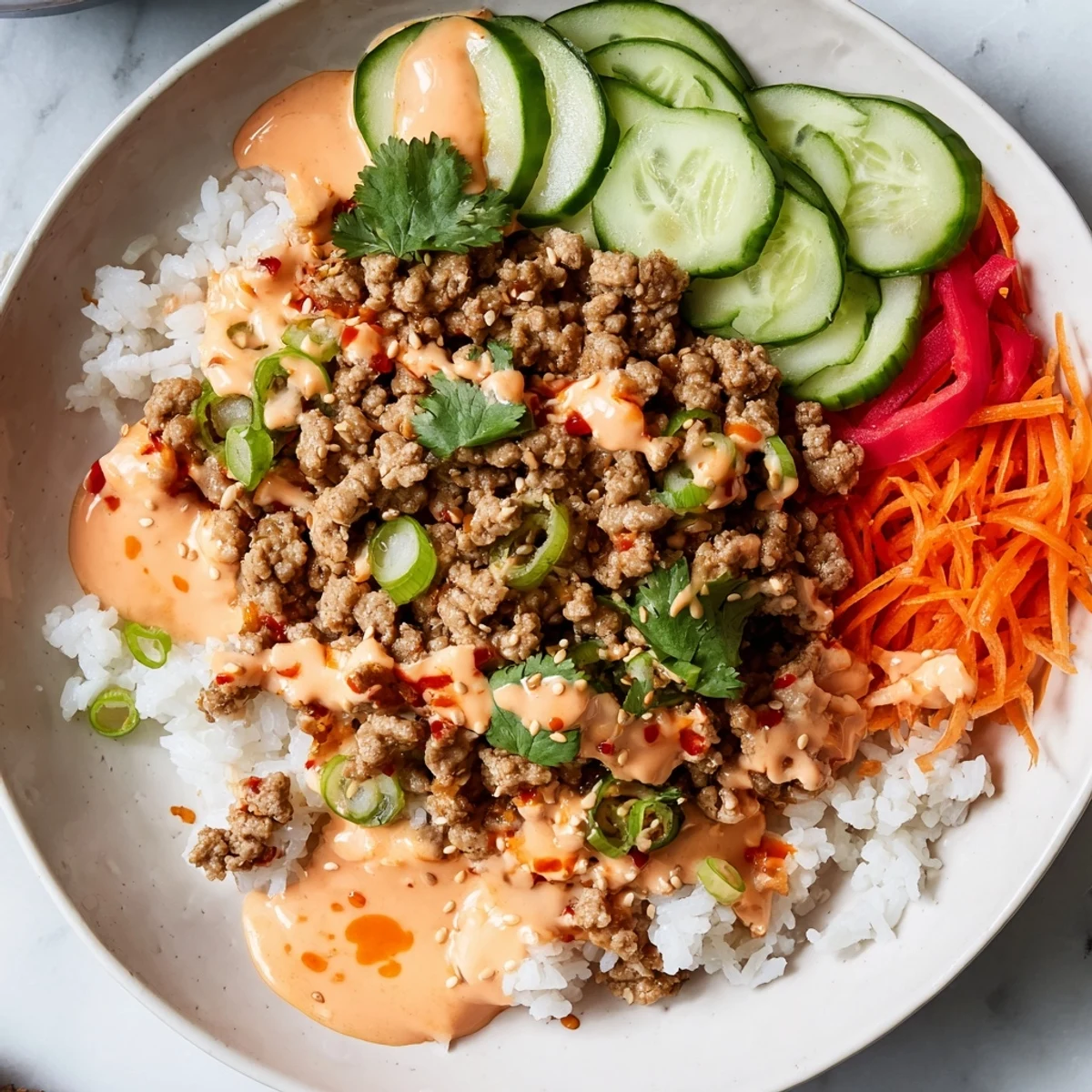 Spicy ground turkey rice bowls drizzled with creamy Bang Bang sauce and fresh vegetables