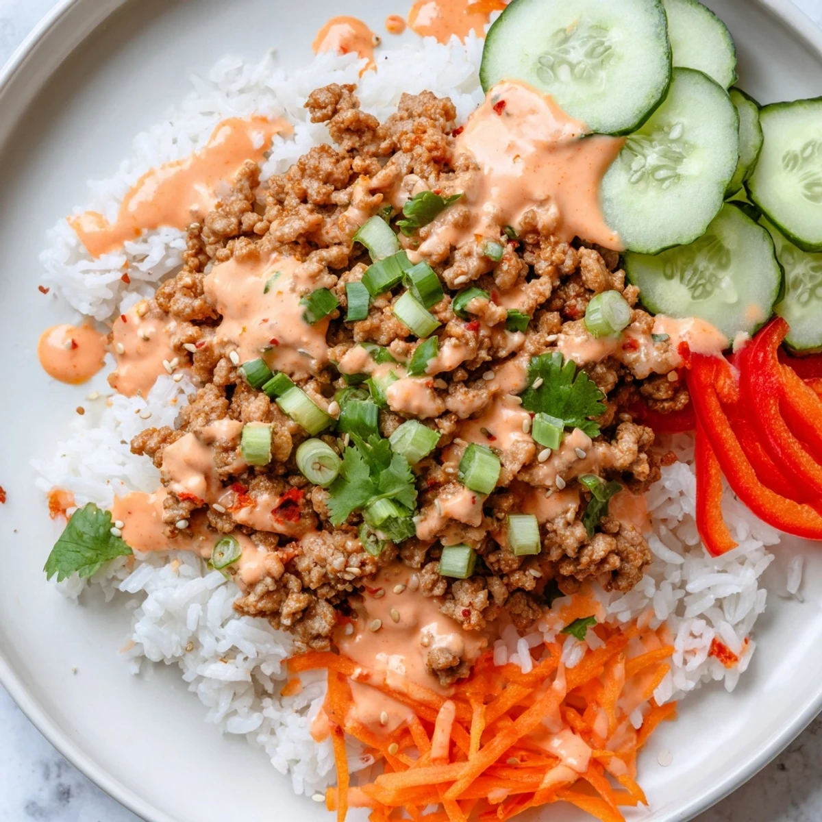 Crisp cucumber and shredded carrots top these ground turkey rice bowls with spicy sauce