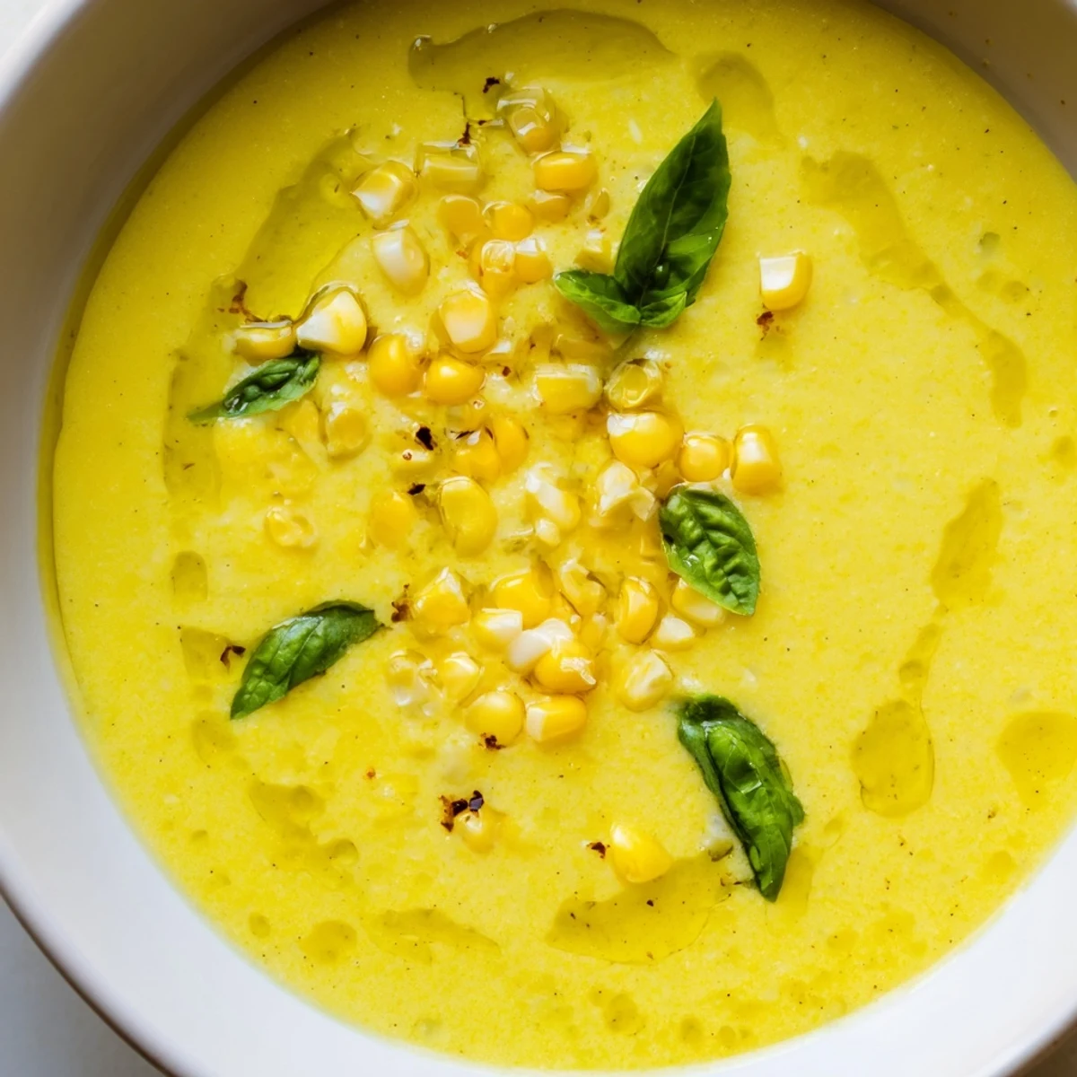 Vibrant yellow sweet corn gazpacho poured into glasses topped with olive oil drizzle