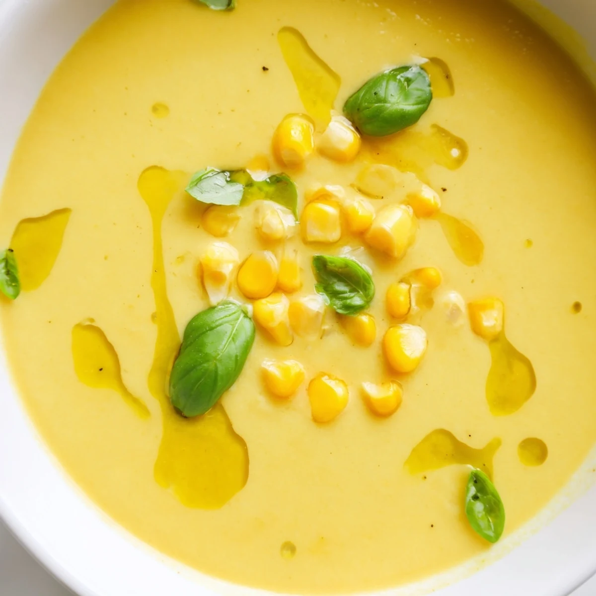 Golden sweet corn gazpacho served chilled in a bowl with fresh basil garnish