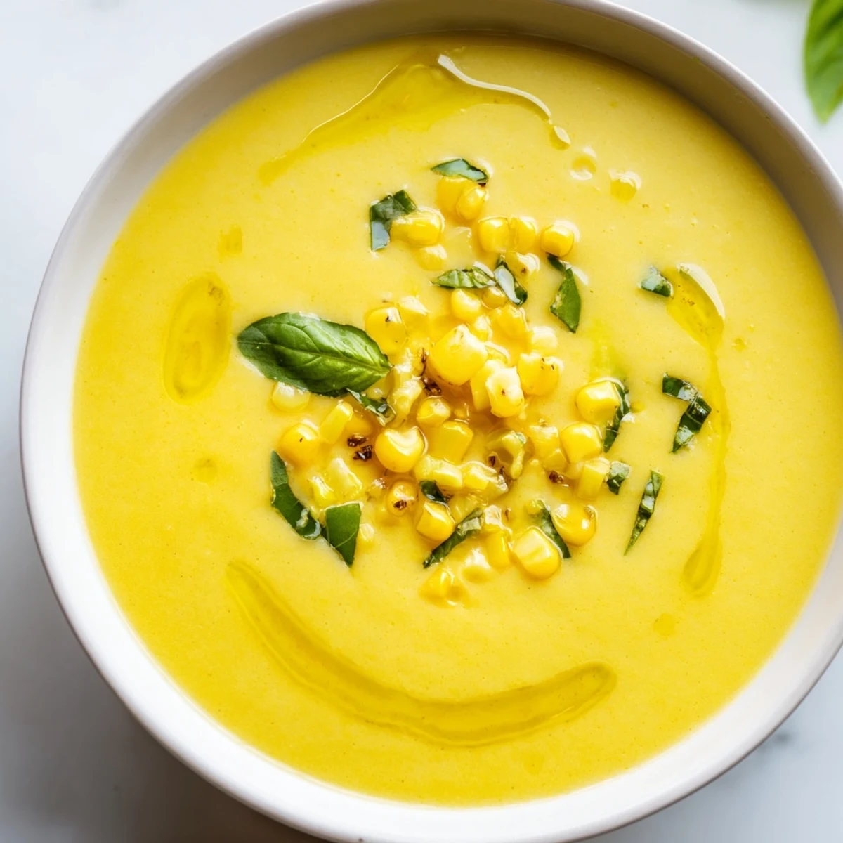 Creamy sweet corn gazpacho in shallow bowls garnished with whole corn kernels and chives