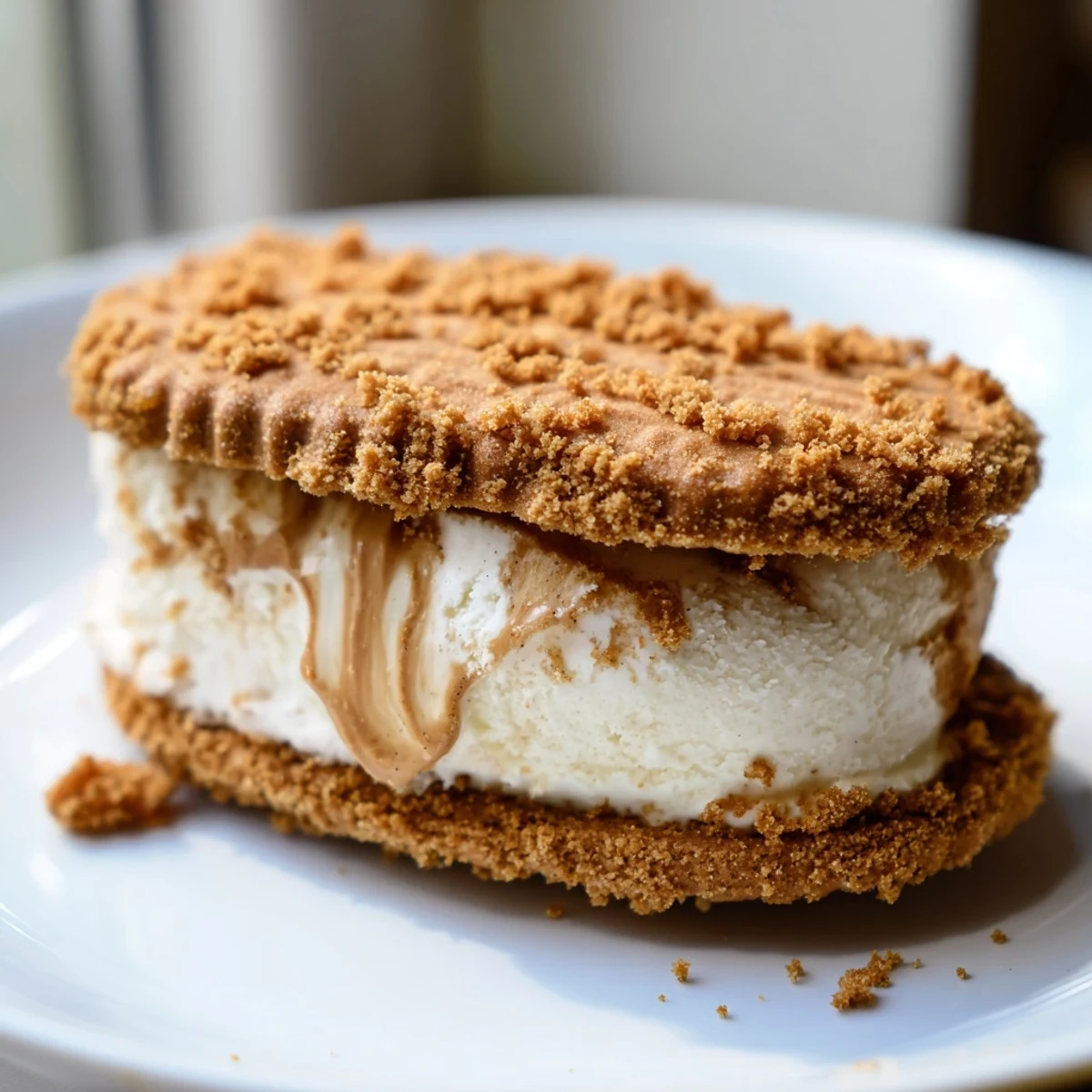 Golden Biscoff ice cream sandwiches with creamy spiced filling on a rustic plate