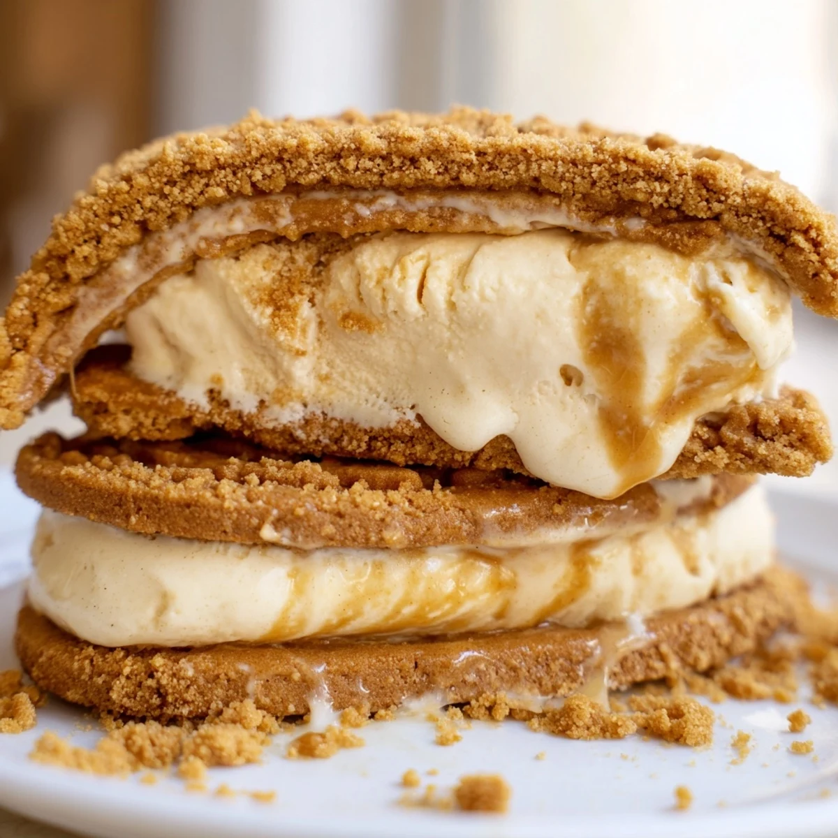 Thick Biscoff ice cream sandwiches oozing creamy vanilla filling between warm spiced cookies