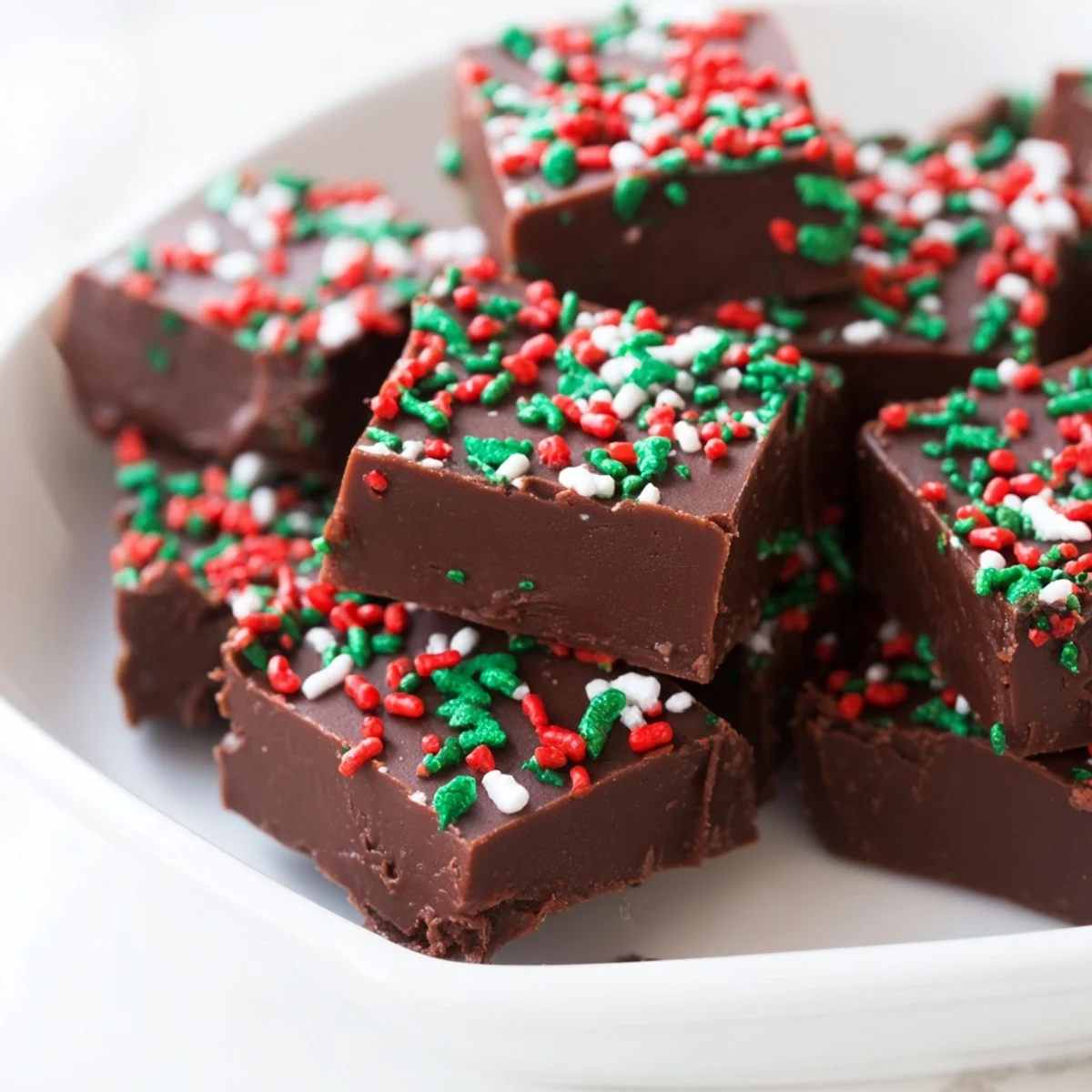 Creamy Christmas fudge with sprinkles cut into neat squares on a rustic cutting board