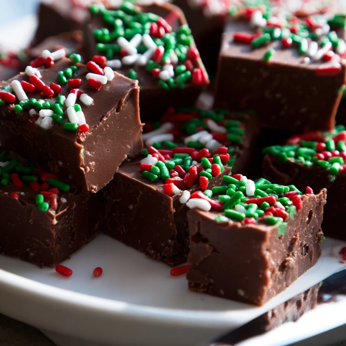 Rich chocolate Christmas fudge with sprinkles glistening under soft holiday kitchen lighting