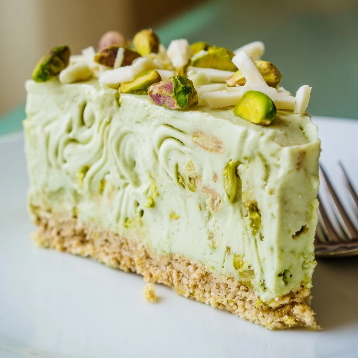 Creamy no bake pistachio cheesecake sliced and topped with crushed green pistachios