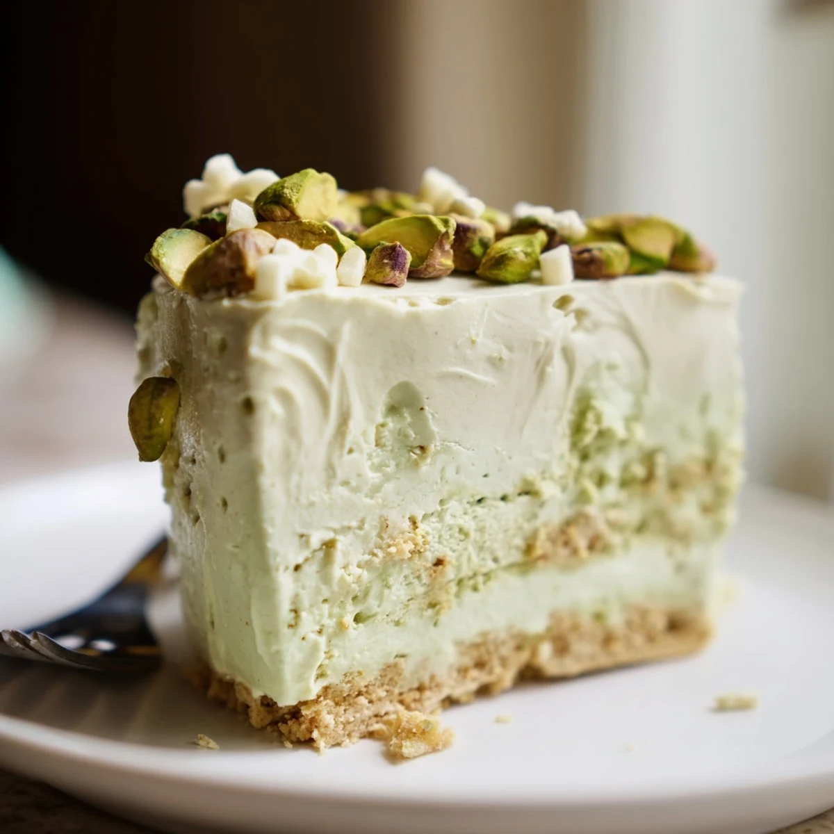 Velvety no bake pistachio cheesecake with a buttery graham cracker crust resting on a plate