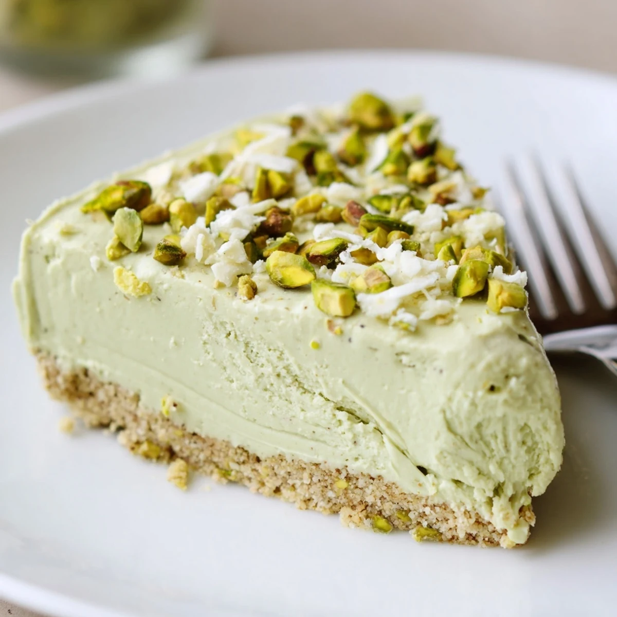 Smooth green no bake pistachio cheesecake chilled to perfection and ready for a summer dessert