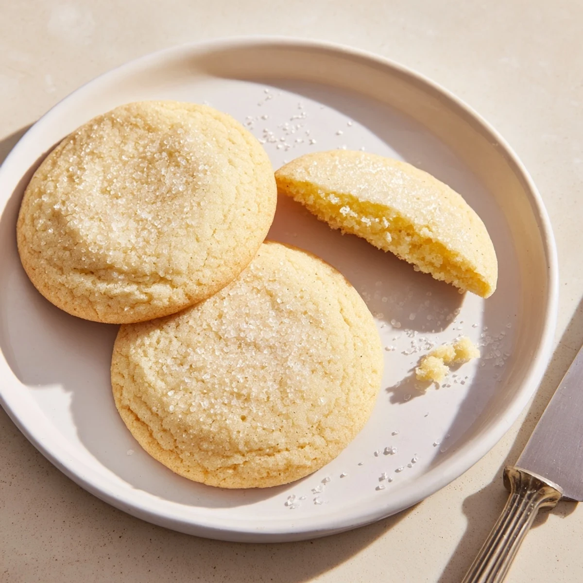 Soft chewy sugar cookies with sparkling sugar coating fresh from the oven
