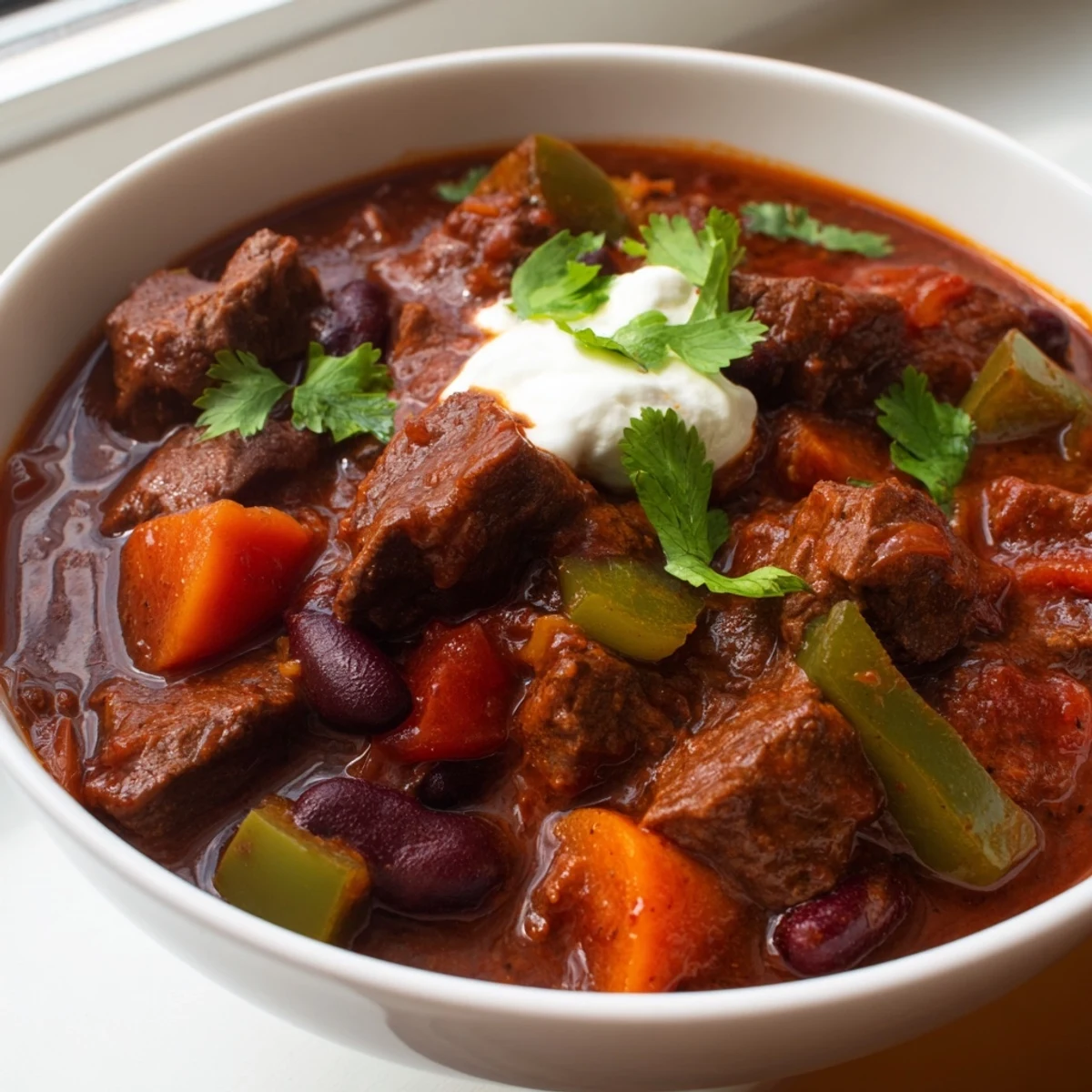 Thick, rich beefy chili stew loaded with tender meat, beans, and vibrant vegetables in a rustic bowl.