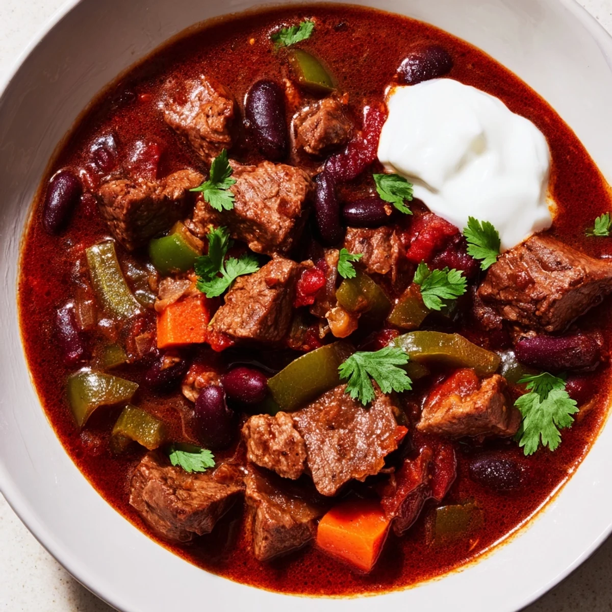 A steaming bowl of beefy chili stew topped with fresh cilantro and shredded cheddar cheese.