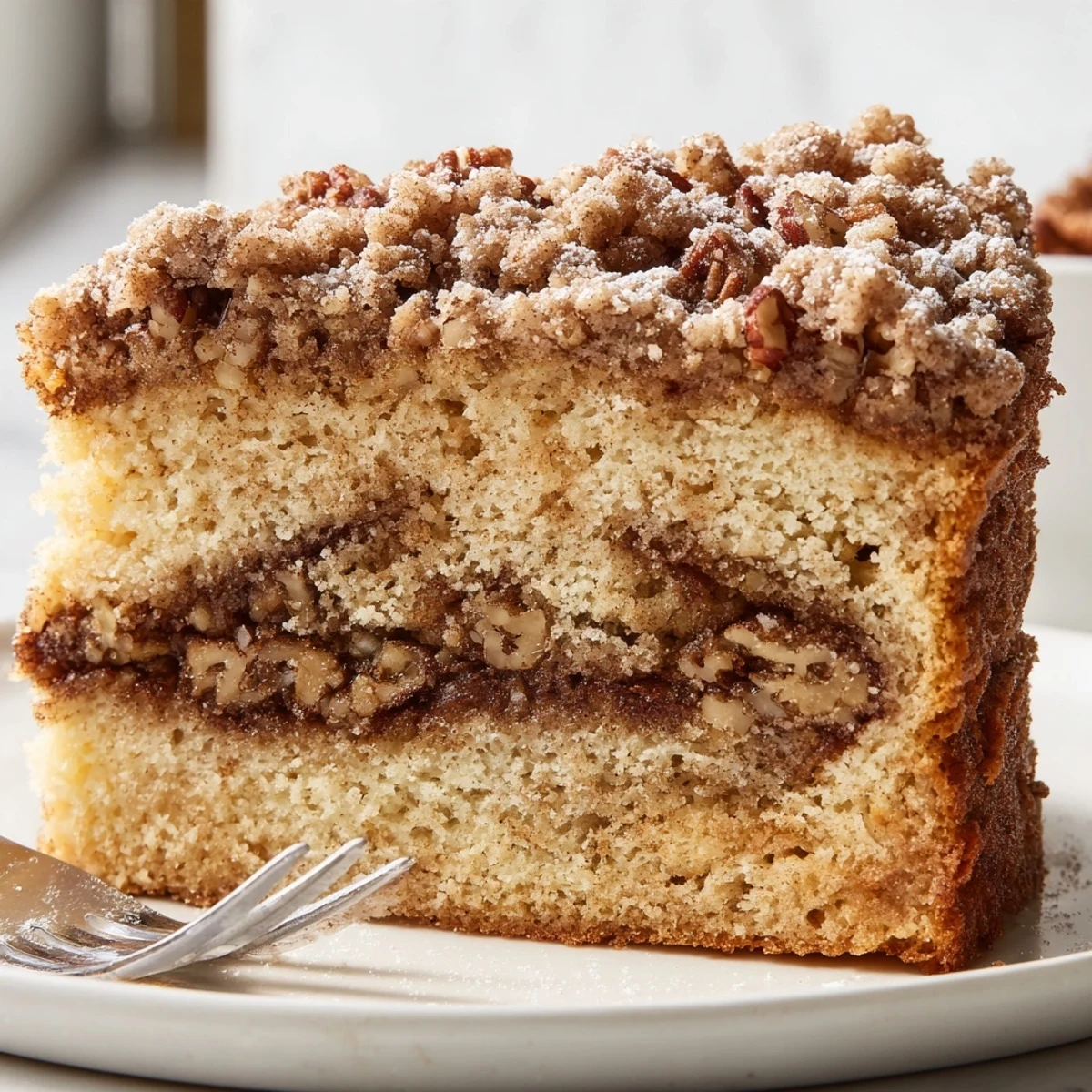 Warm cinnamon pecan crunch coffee cake with a golden crumbly streusel topping on a rustic plate