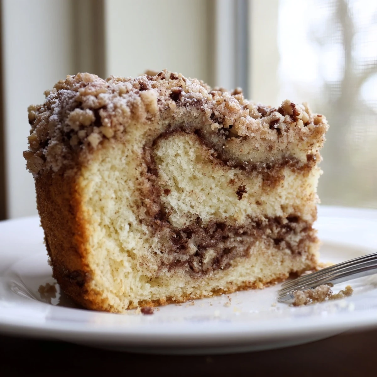 Moist cinnamon pecan crunch coffee cake sliced to reveal a sweet cinnamon sugar pecan swirl center