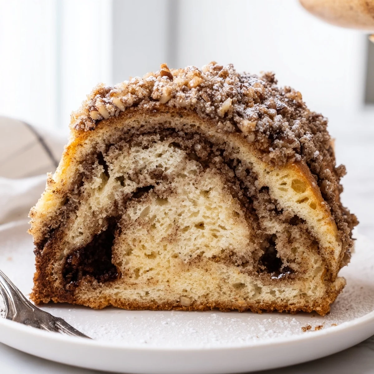 Freshly baked cinnamon pecan crunch coffee cake dusted with powdered sugar beside a steaming coffee mug