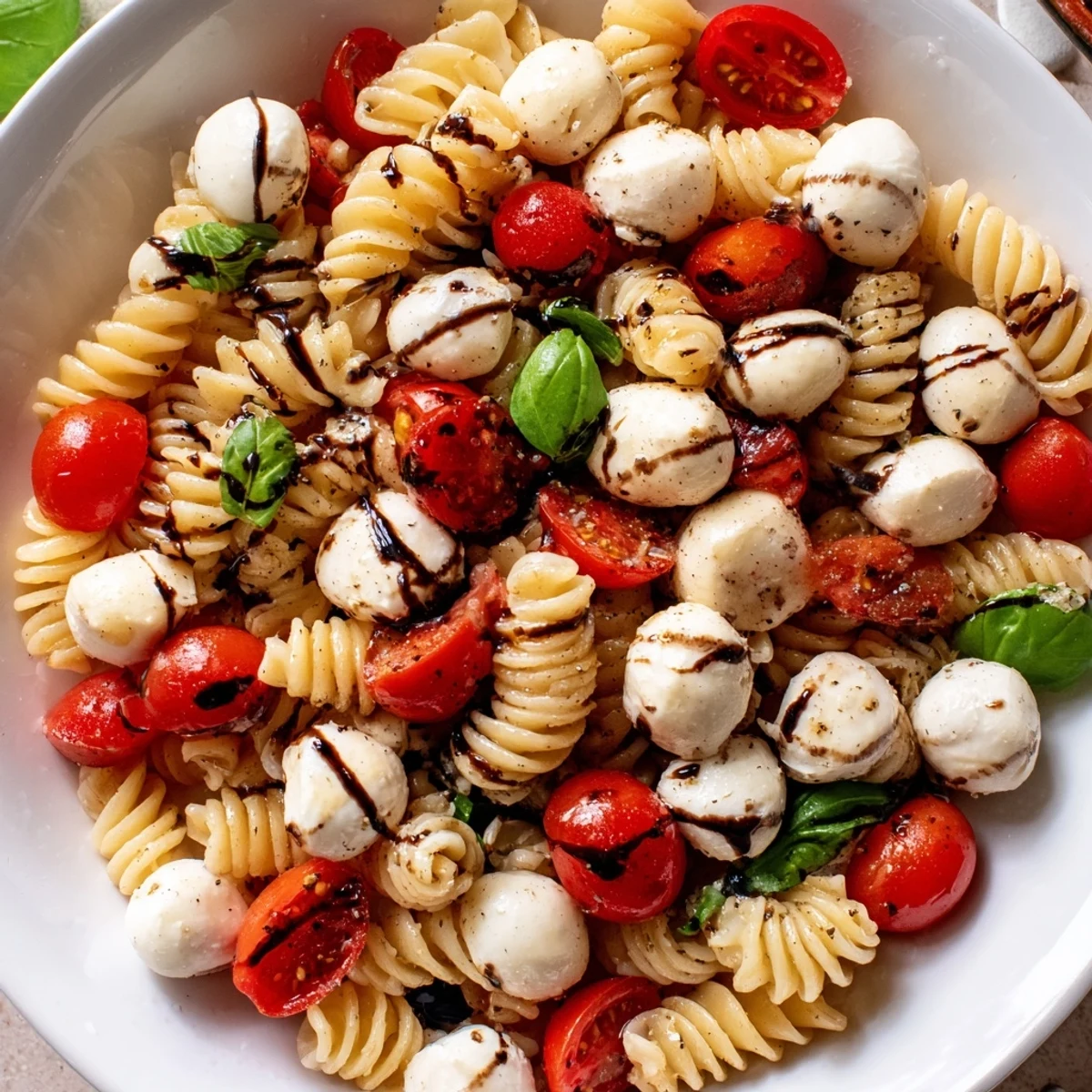 Colorful Caprese Pasta Salad with cherry tomatoes, mozzarella, and fresh basil leaves