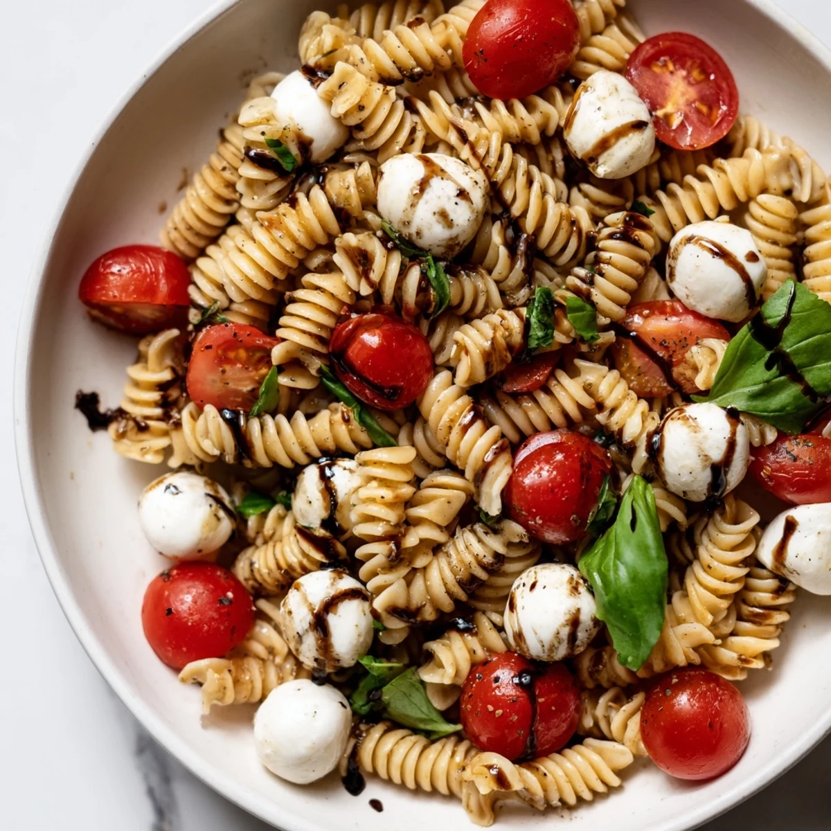 Caprese Pasta Salad drizzled with balsamic glaze in a rustic serving bowl