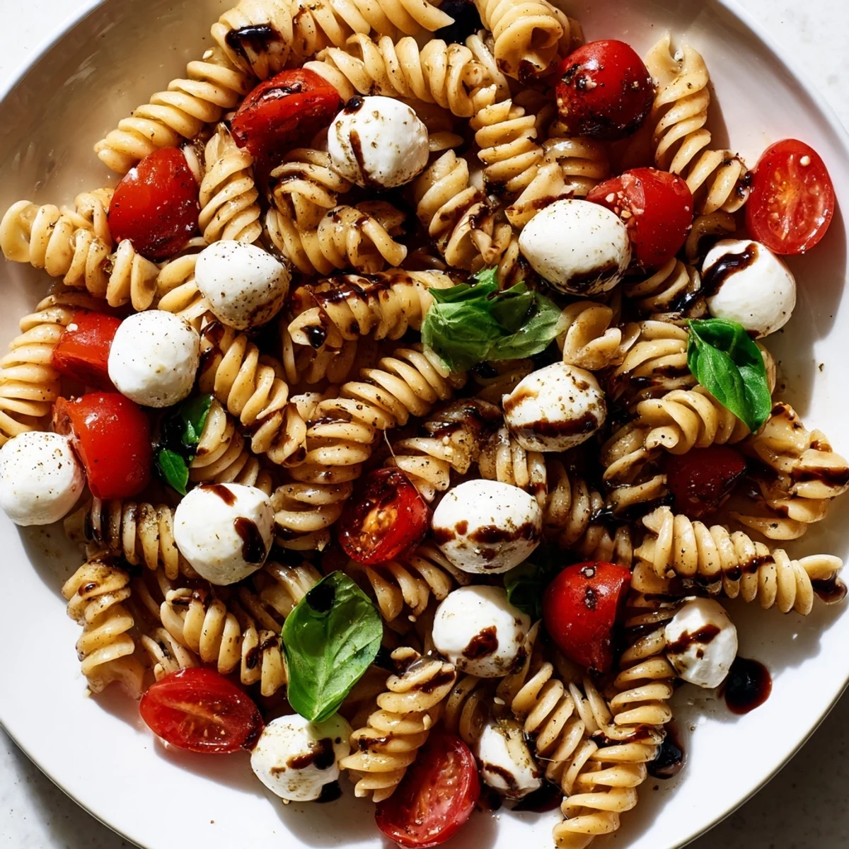 Close-up of Caprese Pasta Salad featuring juicy tomatoes and creamy mozzarella balls