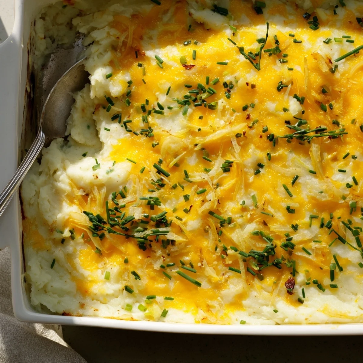 Spoonful of Cheesy Onion Mashed Potato Casserole with gooey cheese and caramelized onions