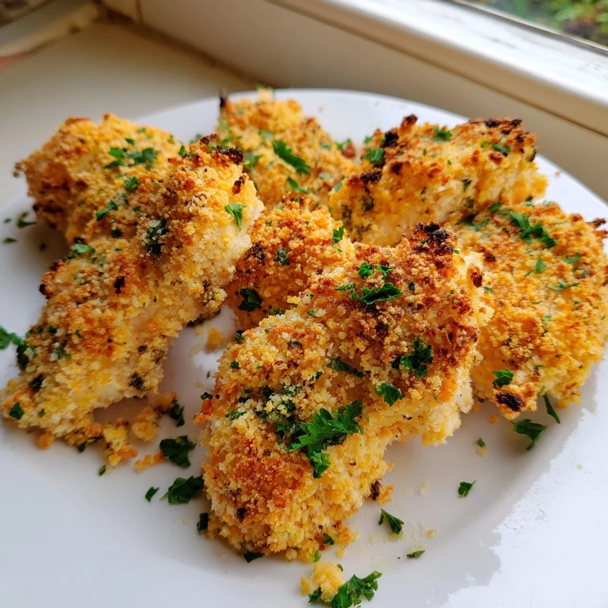 Juicy Paprika Parmesan Chicken sliced open to reveal tender meat beneath a spiced cheese coating