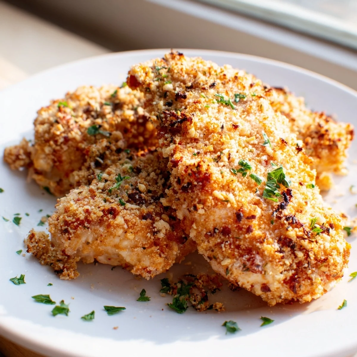 Golden baked Paprika Parmesan Chicken with a crispy herb crust on a rustic baking sheet