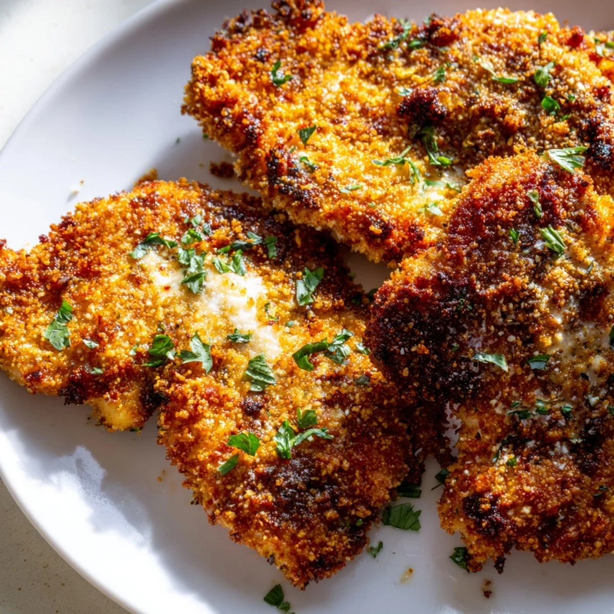 Smoky Paprika Parmesan Chicken garnished with fresh parsley and lemon wedges on a white plate