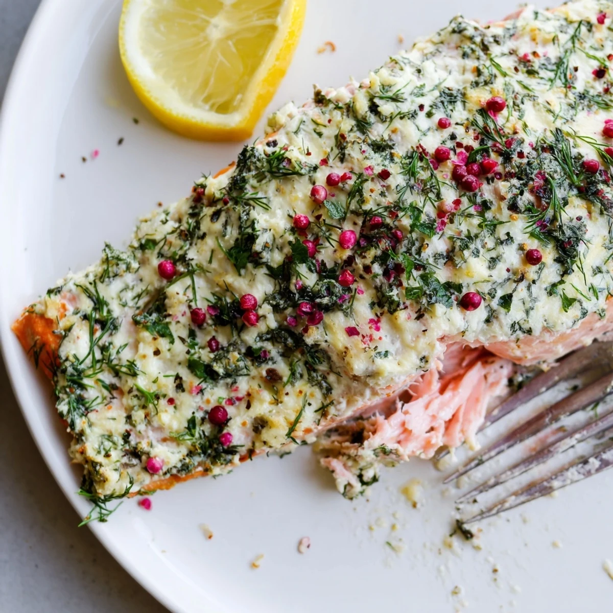 Boursin salmon topped with melted garlic herb cheese served on a white plate