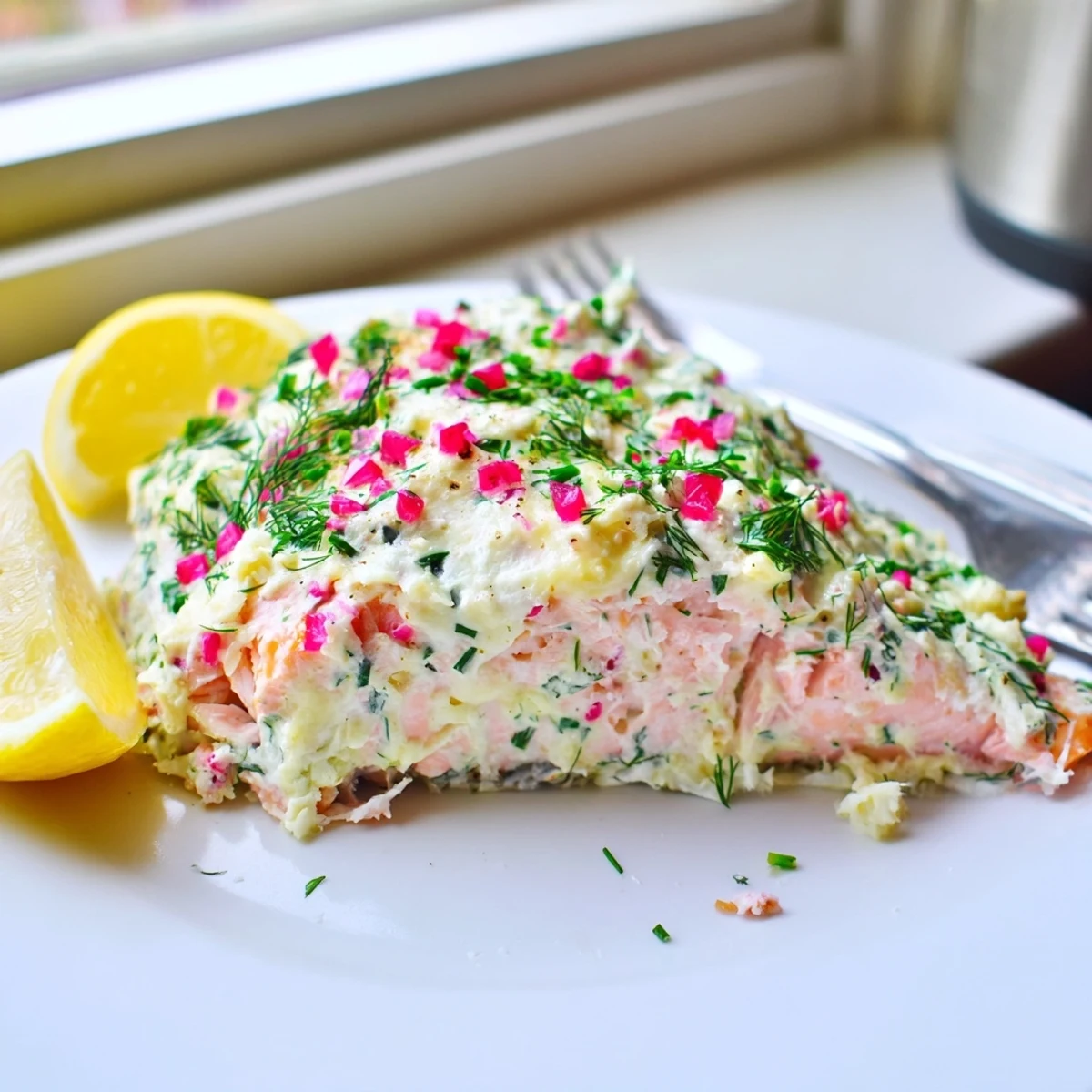 Creamy Boursin salmon fillets baked golden with fresh herbs and lemon zest