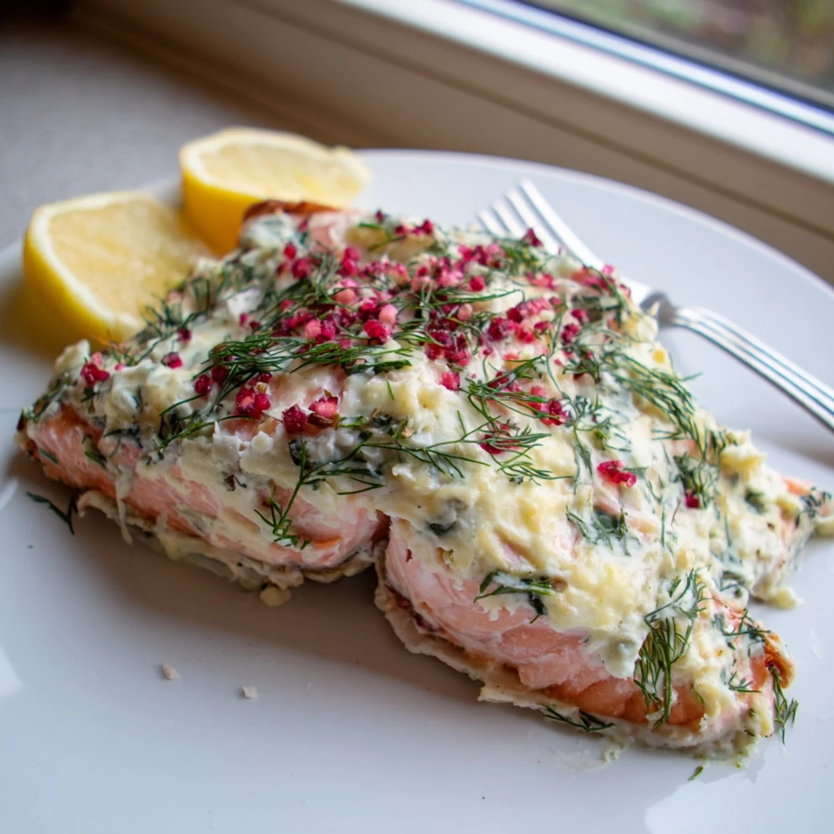 Tender baked Boursin salmon garnished with chopped chives and bright lemon wedges