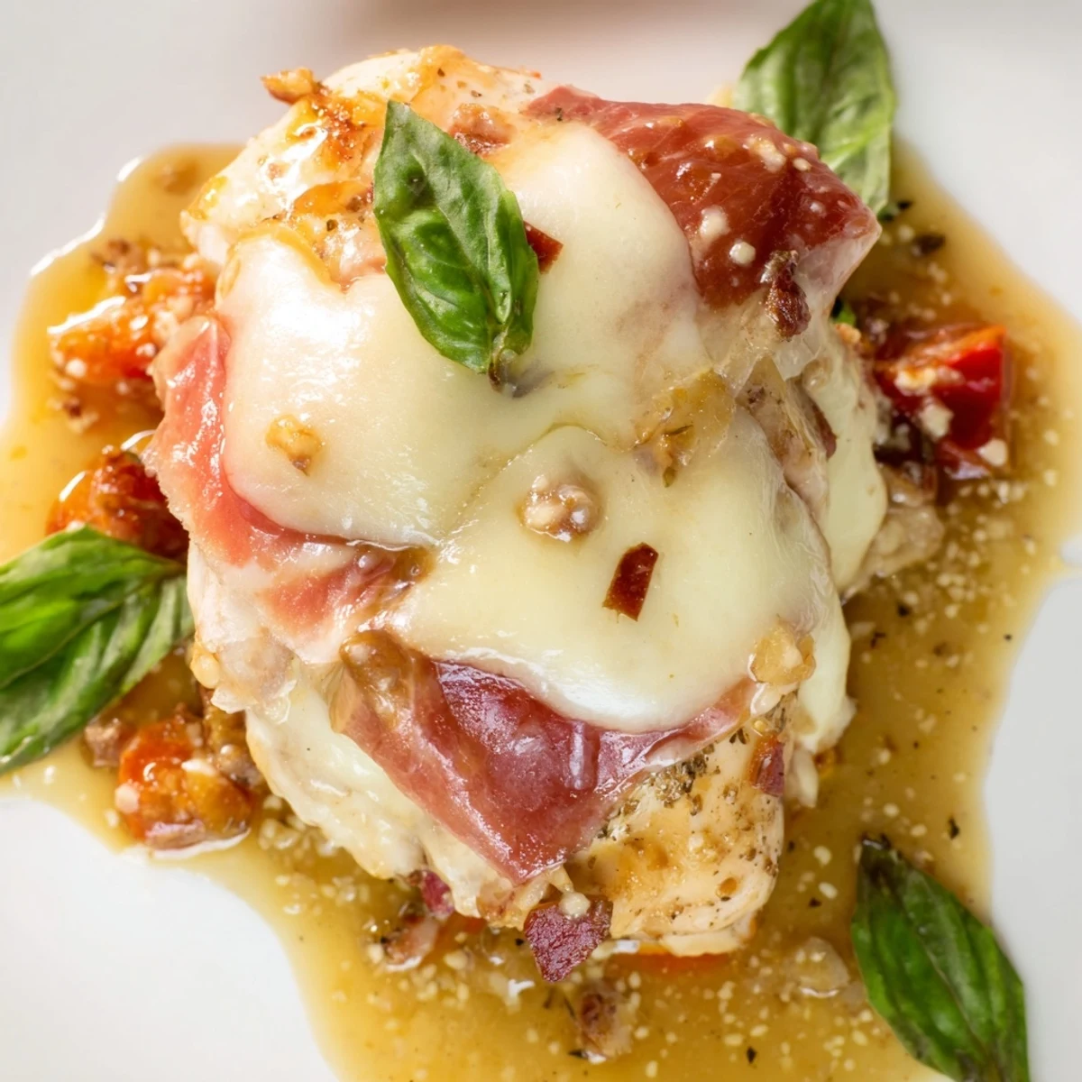 Golden Chicken Valdostana topped with melted Fontina and crispy prosciutto in rich tomato sauce
