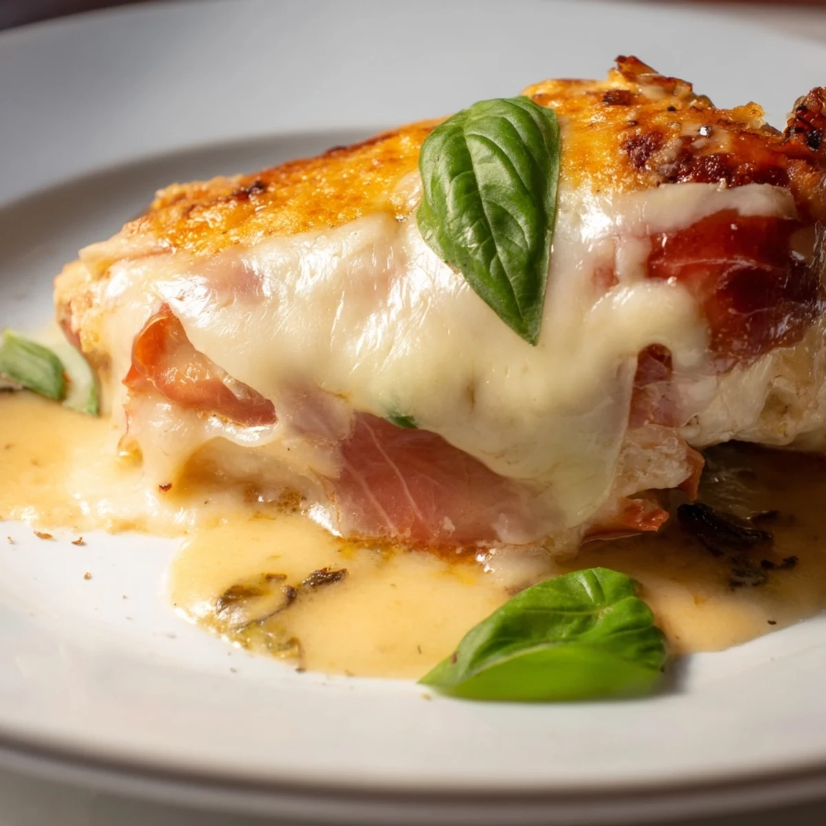 Tender Chicken Valdostana smothered in creamy melted cheese with savory white wine tomato sauce