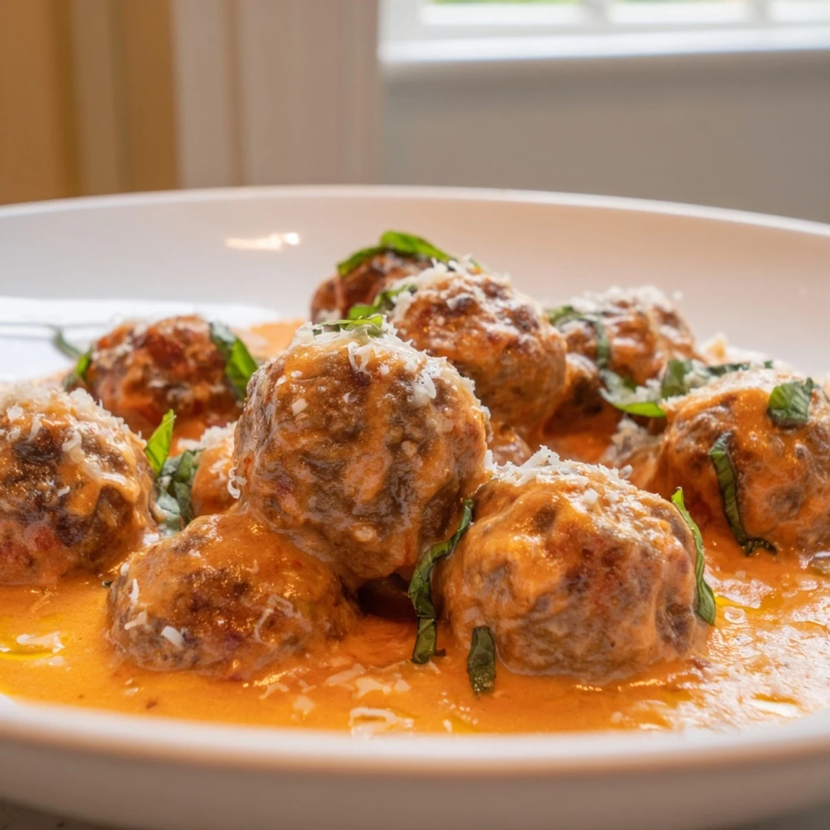 Creamy tomato basil meatballs nestled in a velvety red sauce with fresh green basil leaves