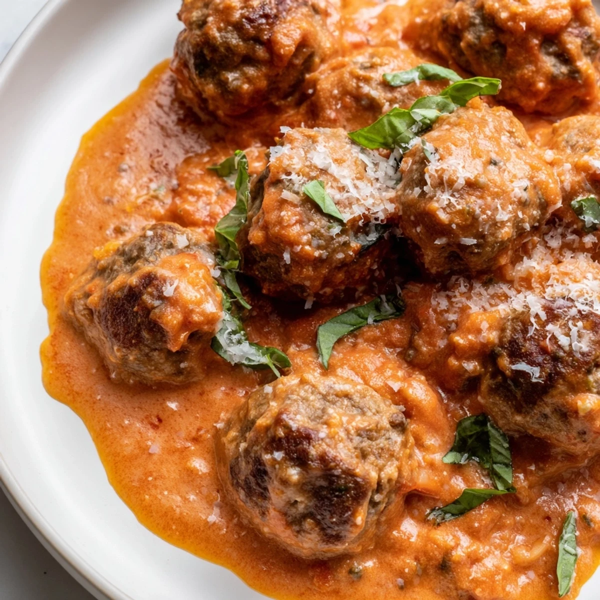 Golden-browned meatballs swimming in a rich creamy tomato basil sauce topped with Parmesan