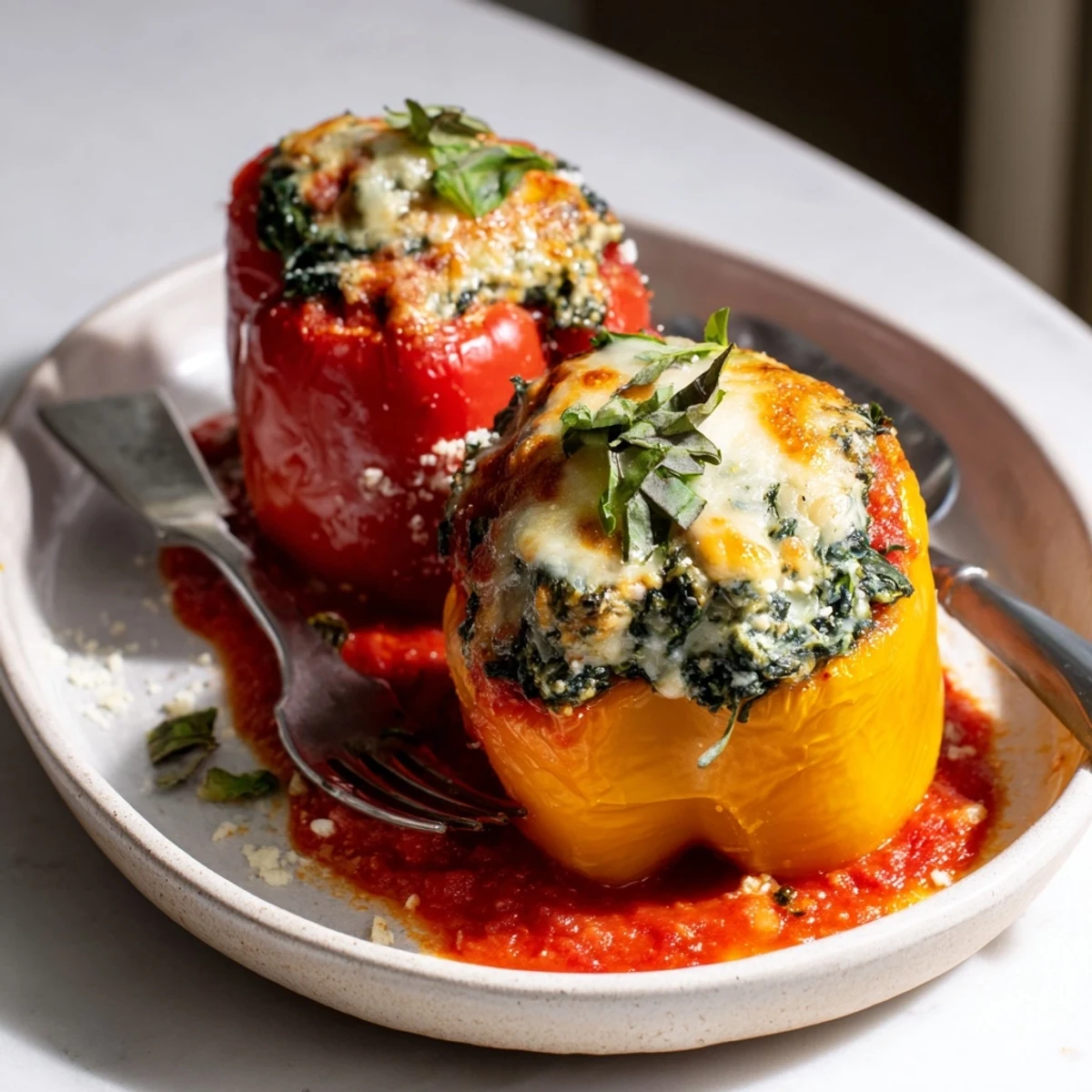 Creamy ricotta stuffed peppers served upright in a bubbling cheesy tomato sauce