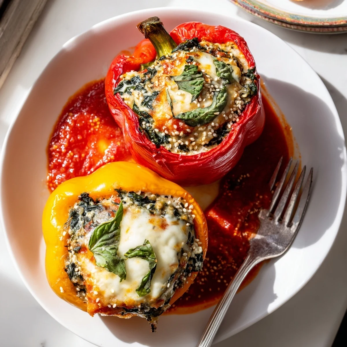 Golden baked ricotta stuffed peppers with melted mozzarella and fresh tomato sauce