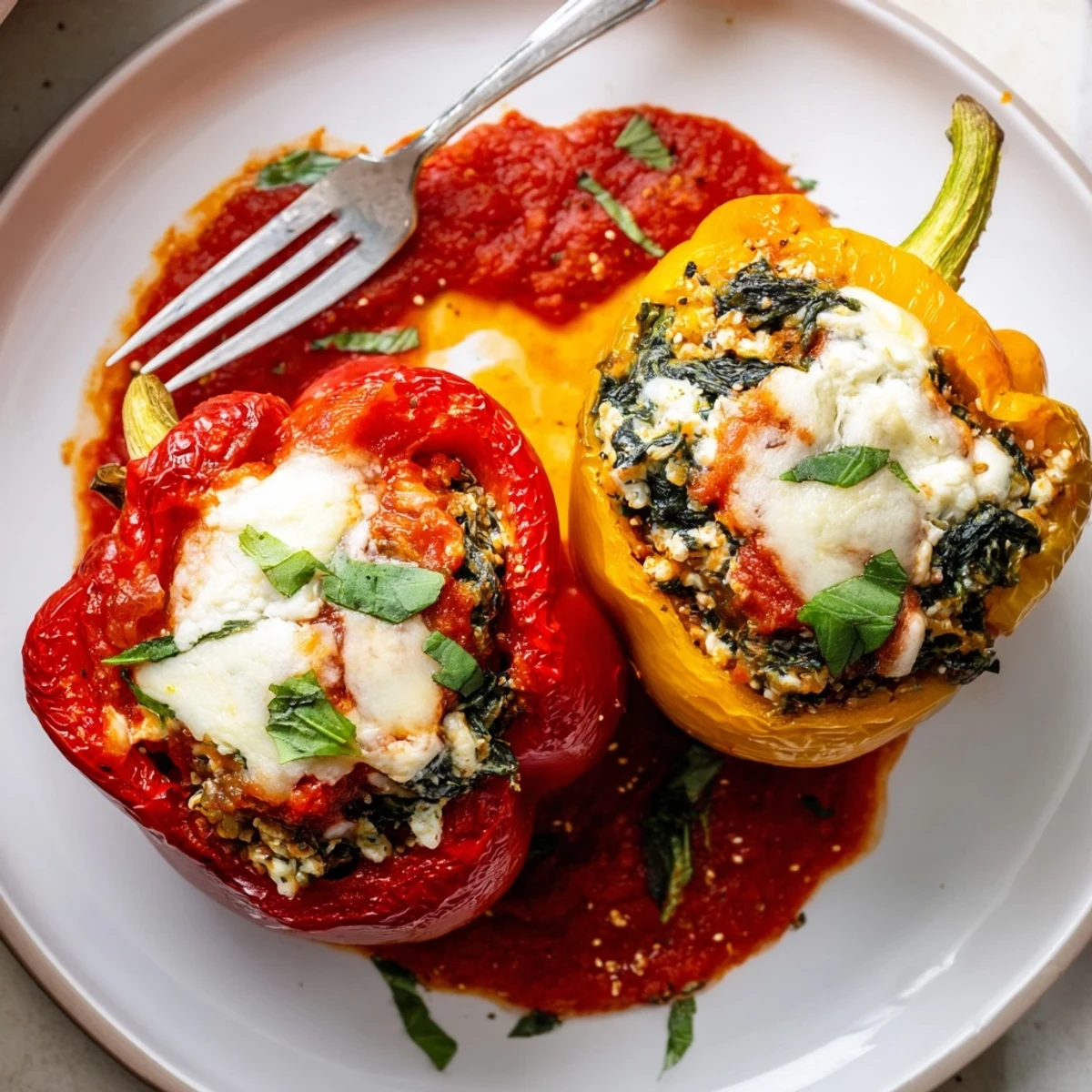 Tender roasted ricotta stuffed peppers topped with golden Parmesan and fragrant basil