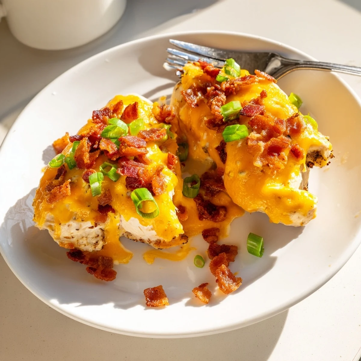 Golden baked crack chicken bubbling with melted cheddar and crispy bacon bits