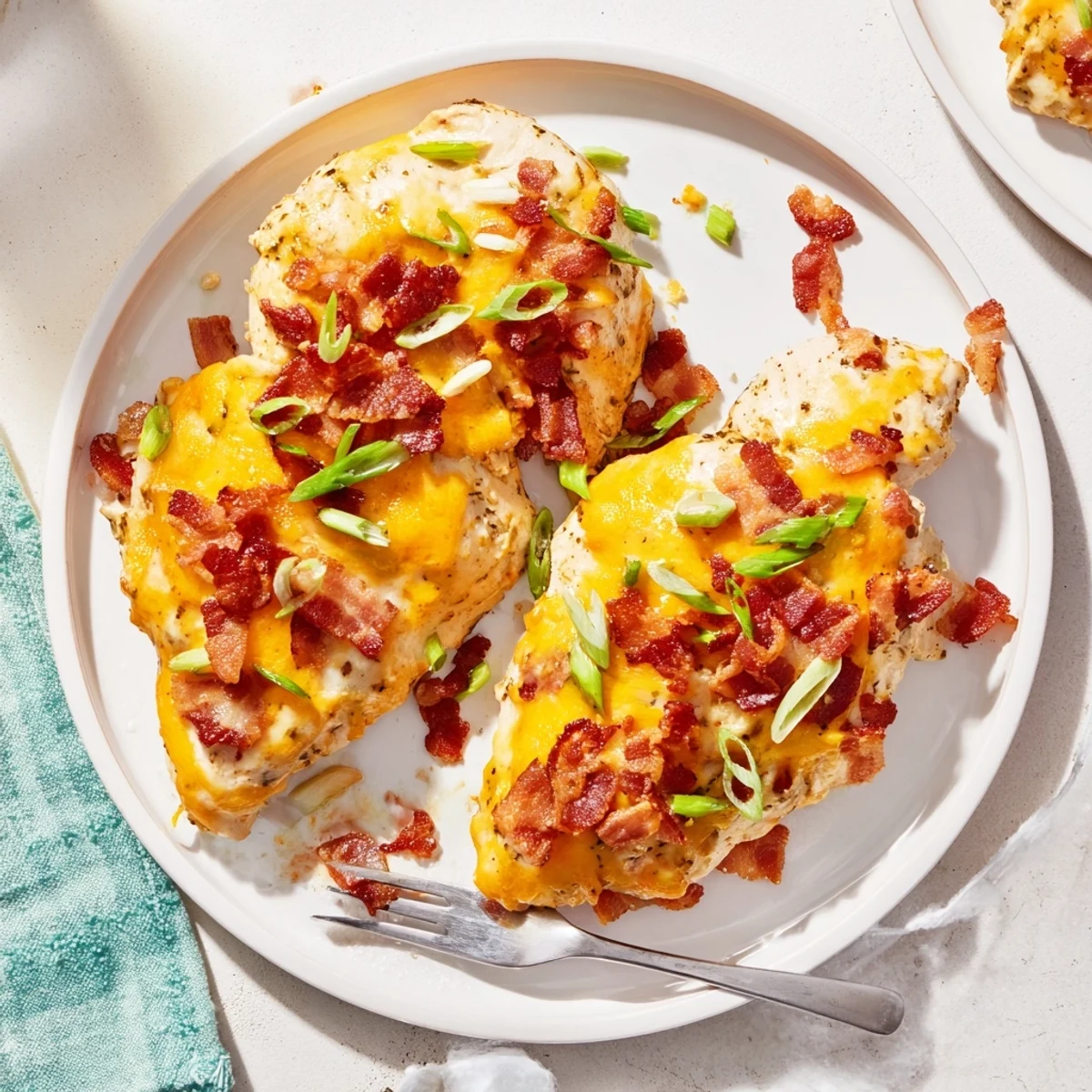 Creamy baked crack chicken smothered in ranch cheese sauce topped with crumbled bacon