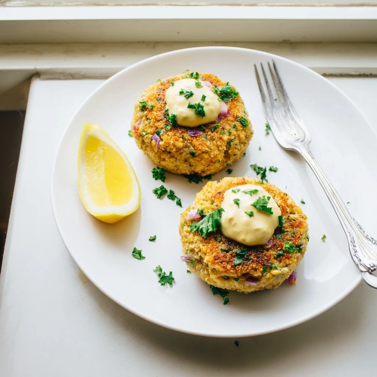 Golden pan-fried lemon garlic Alaska salmon cakes plated with creamy aioli on a rustic dish.