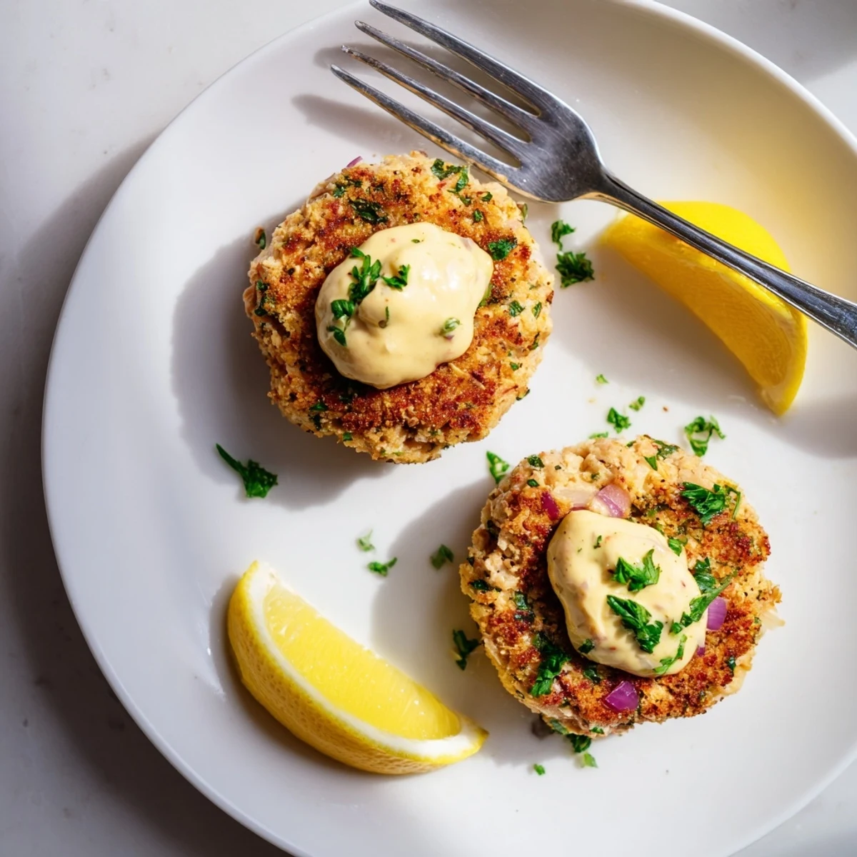 Crispy lemon garlic Alaska salmon cakes served hot with tangy homemade aioli and fresh parsley garnish.