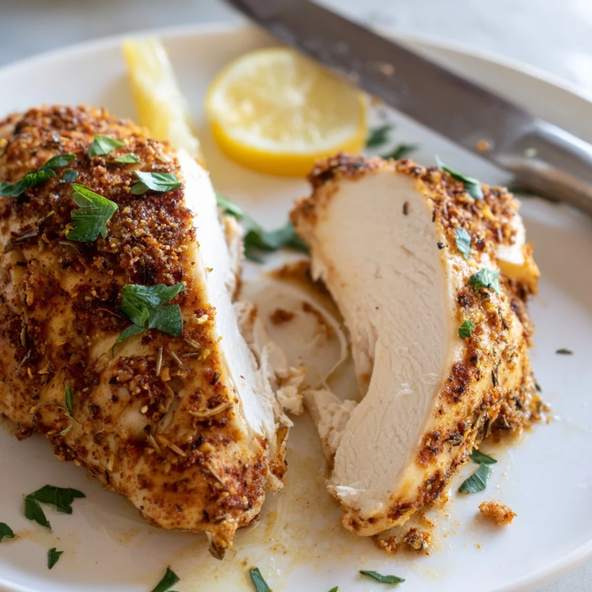 Golden oven baked chicken breasts with herbs on a rustic baking sheet