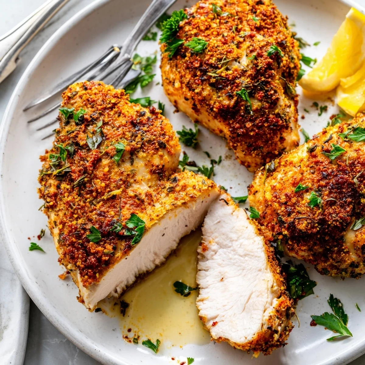 Juicy oven baked chicken breasts sliced open topped with fresh parsley and lemon