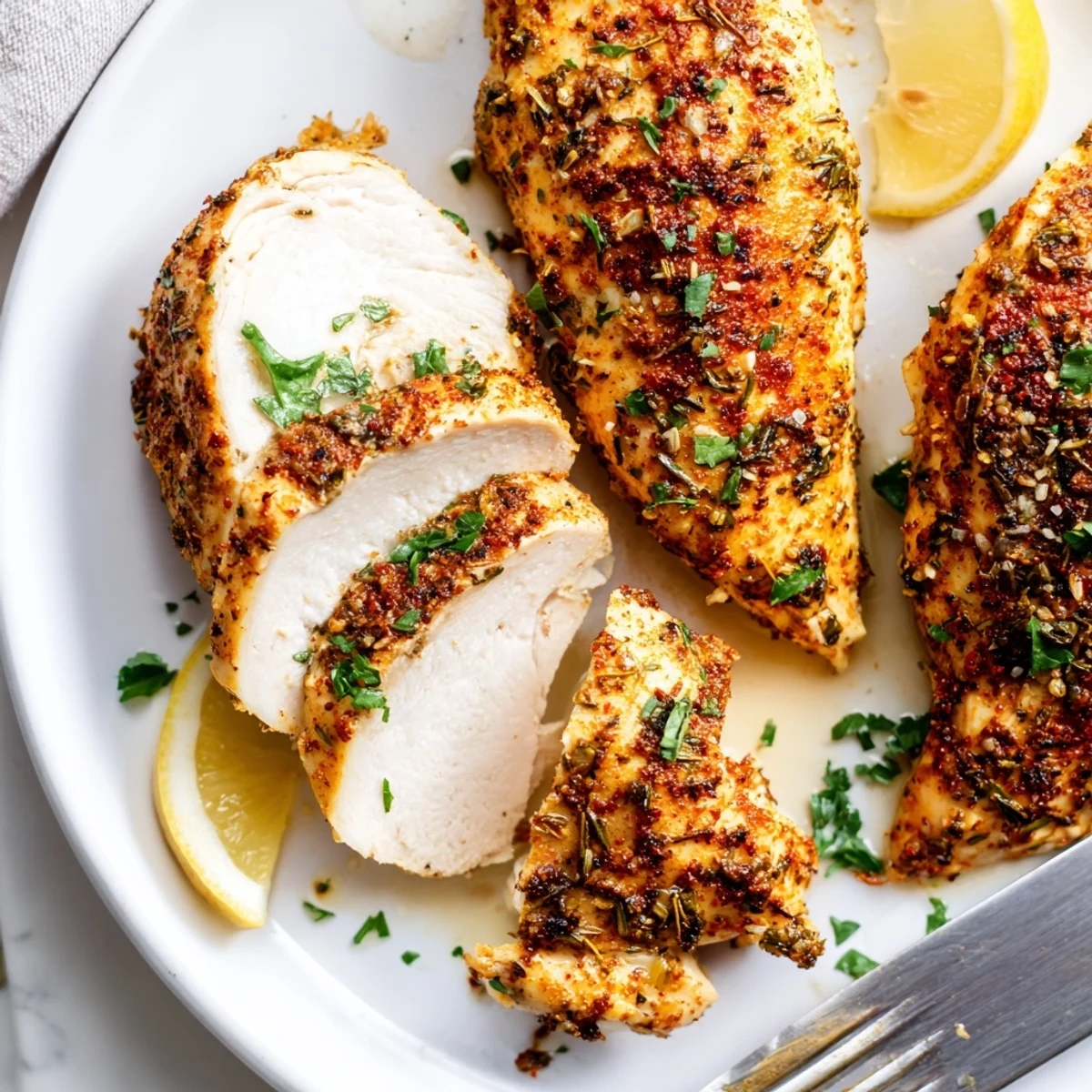 Perfectly seasoned oven baked chicken breasts garnished with parsley and served warm