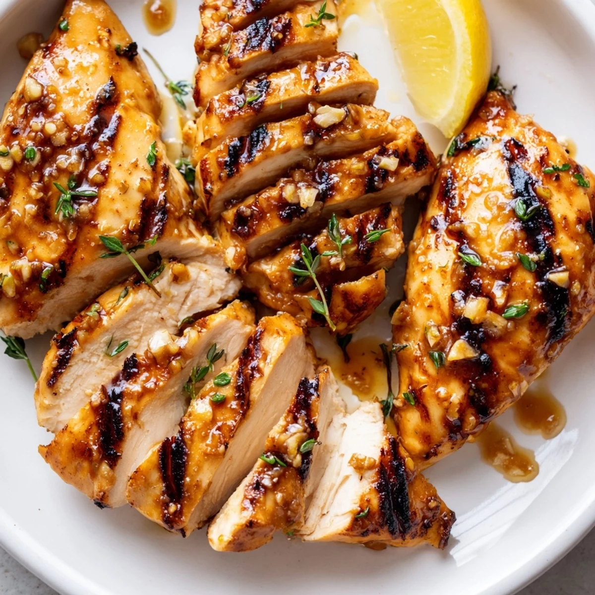 Juicy Maple Dijon Grilled Chicken with golden caramelized grill marks on a rustic plate
