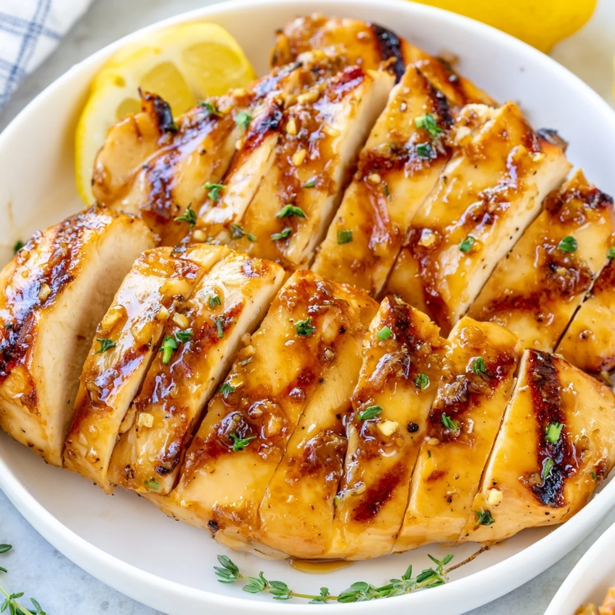 Maple Dijon Grilled Chicken sliced open revealing tender meat garnished with fresh parsley