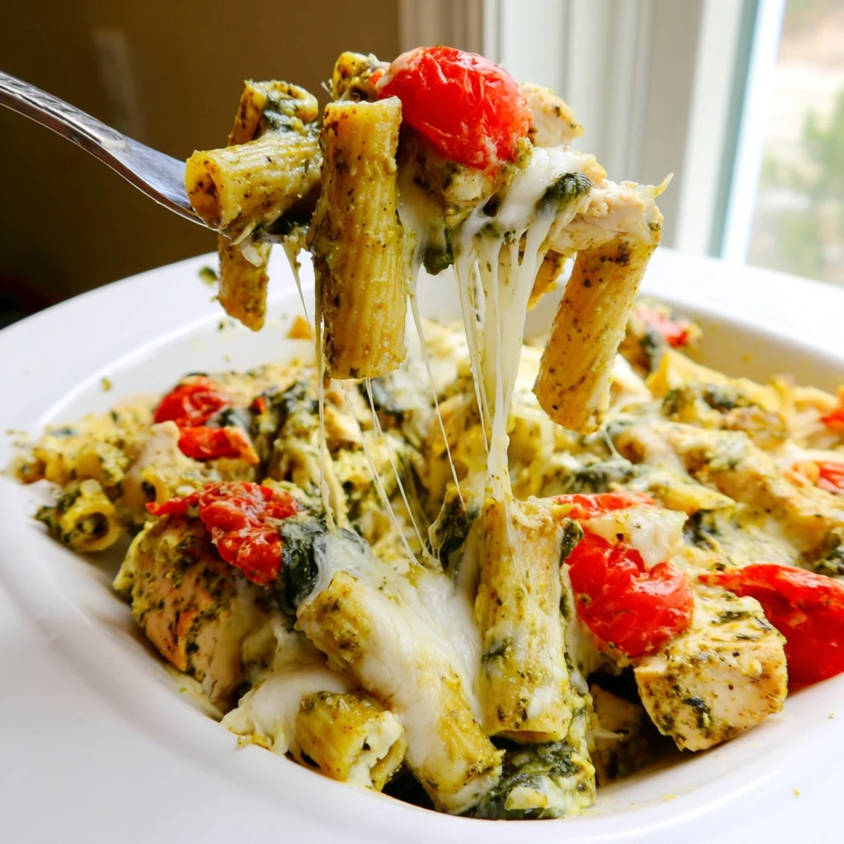 Golden baked pesto chicken pasta with bubbling mozzarella and herb-flecked creamy sauce