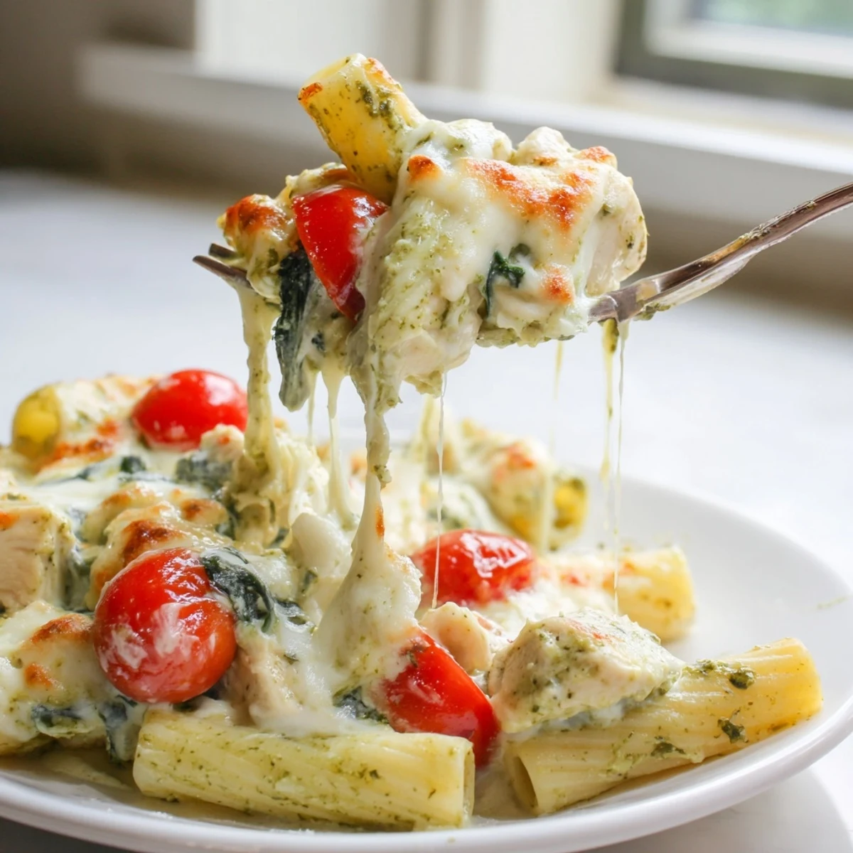 Creamy pesto chicken pasta bake topped with melted Parmesan in a rustic casserole dish