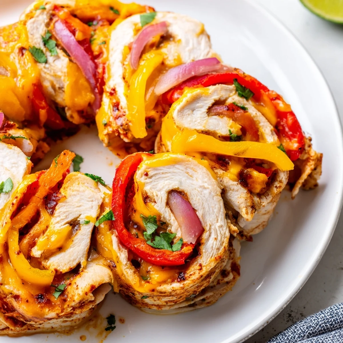 Juicy baked chicken fajita roll ups garnished with fresh cilantro and lime wedges