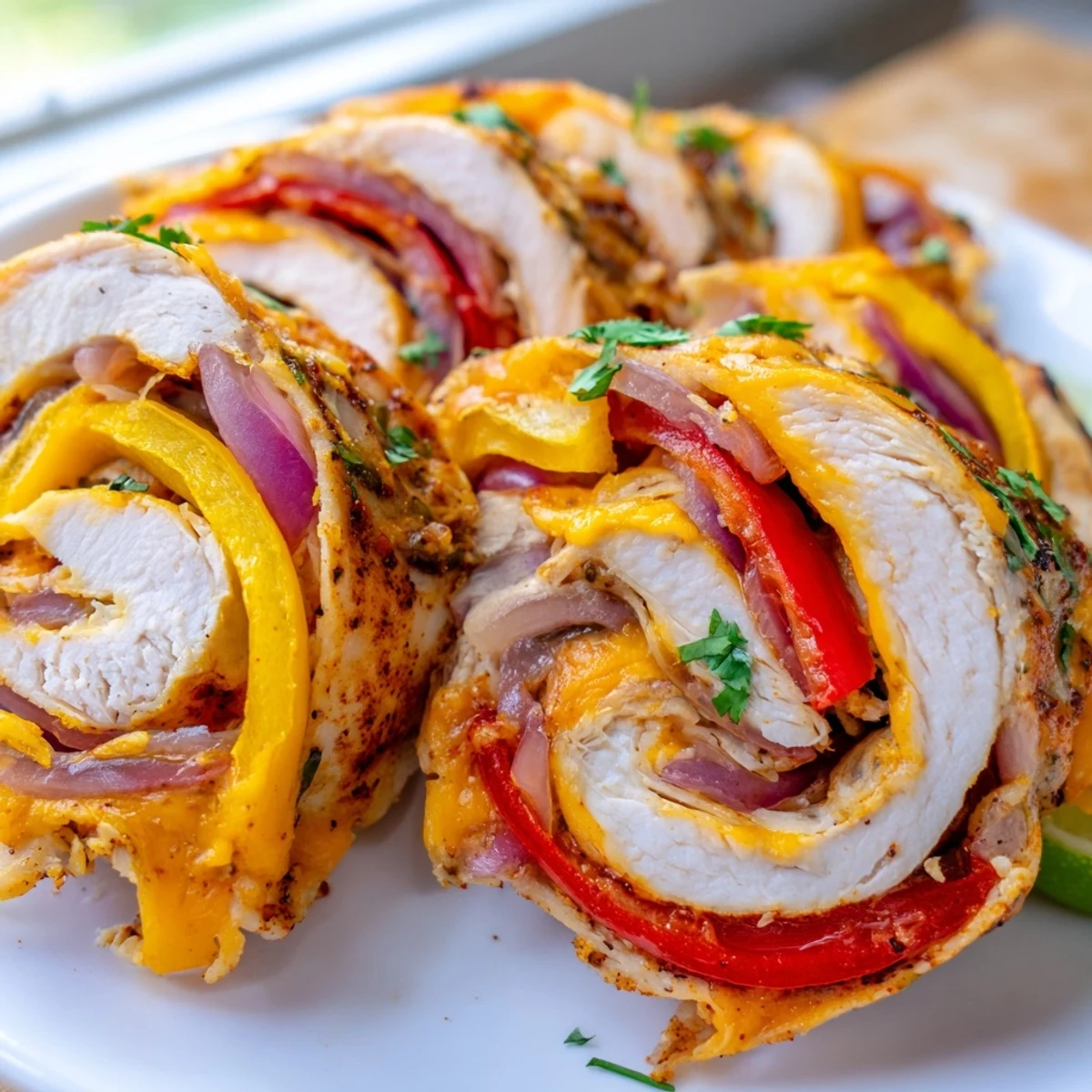 Golden baked chicken fajita roll ups sliced to reveal melted cheese and vibrant peppers